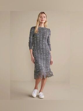 Soft Surroundings Neve Cable Knit Fringe Hem Sweater Dress Gray Charcoal Size MP